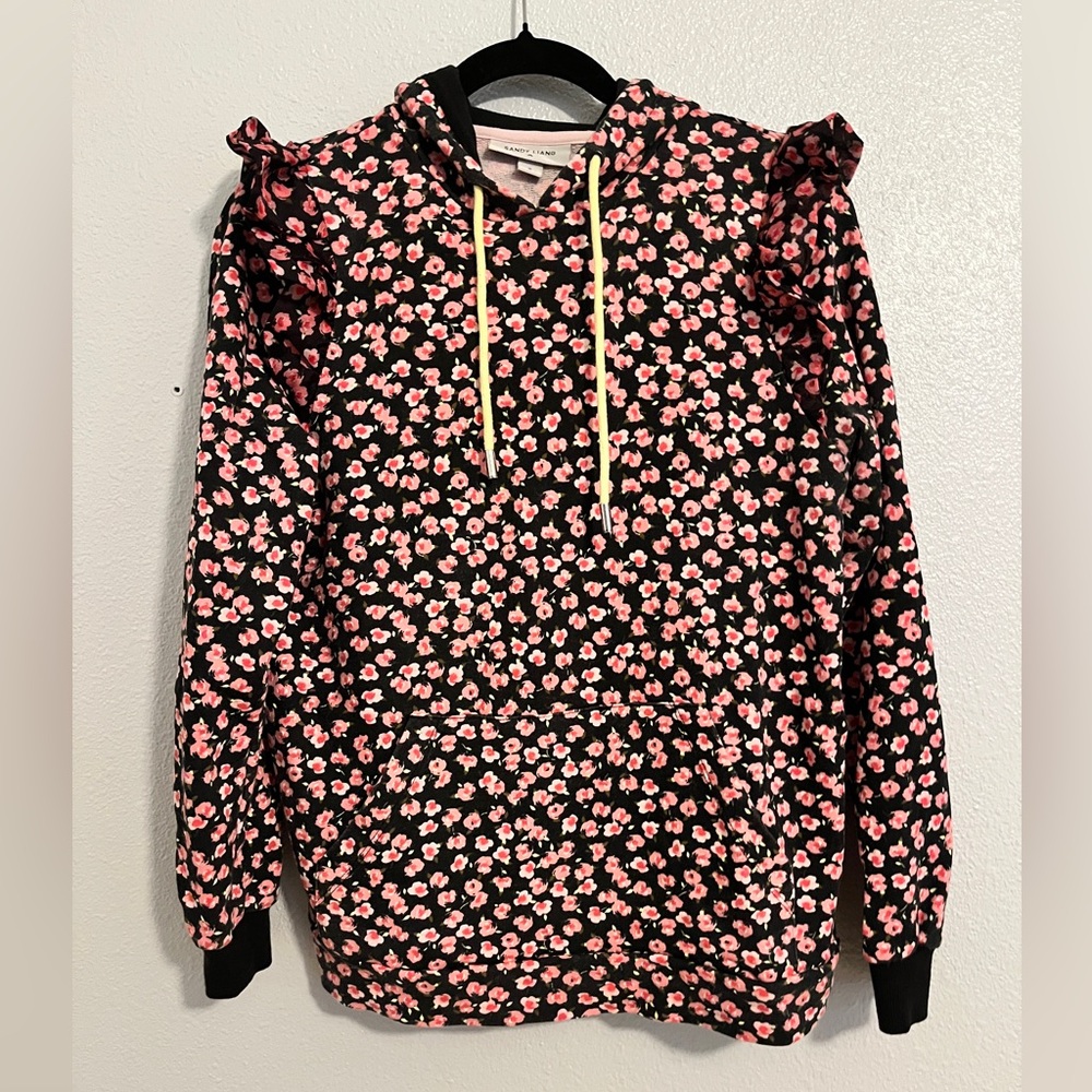 Sandy Liang Black Hoodie with Pink Floral Print